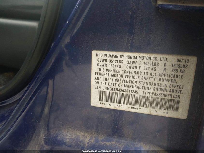 2010 Honda Fit VIN JHMGE8H43AS011245 IAAI salvage auction — LEFT FRONT, Salvage (Tennessee), sold $25 on 2026-07-30 (photo 9)