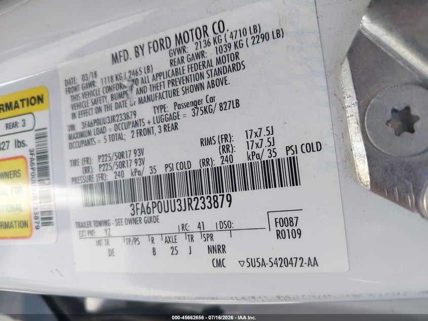 2018 Ford Fusion VIN 3FA6P0UU3JR233879 IAAI salvage auction — FRONT END, Salvage Certificate (California), sold $1,450 on 2026-07-24 (photo 9)