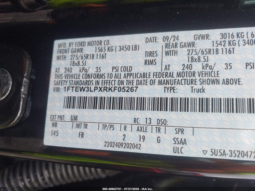 2024 Ford F-150 VIN 1FTEW3LPXRKF05267 IAAI salvage auction — FRONT END, Salvage Title, sold $18,775 on 2026-08-20 (photo 9)