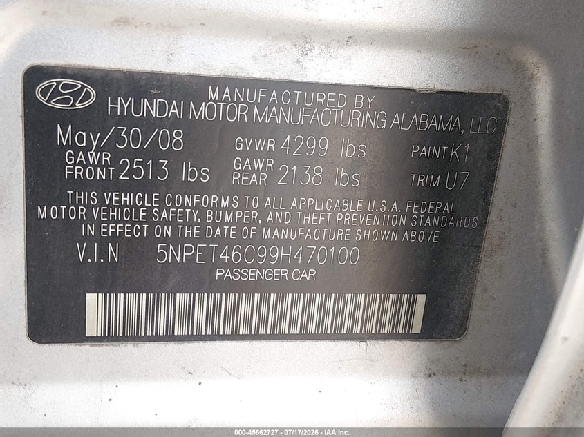 2009 Hyundai Sonata VIN 5NPET46C99H470100 IAAI salvage auction — NORMAL WEAR, Original (Texas), sold $275 on 2026-07-28 (photo 9)