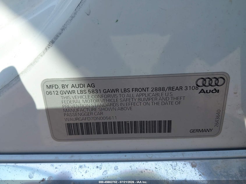 2013 Audi A8 VIN WAURGAFD7DN005611 IAAI salvage auction — HAIL, Certificate Of Title (Nebraska), sold $2,100 on 2026-08-16 (photo 9)