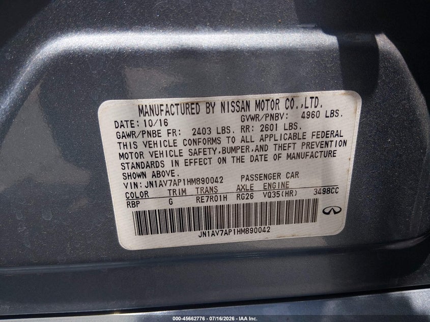 2017 Infiniti Q50 VIN JN1AV7AP1HM890042 IAAI salvage auction — NORMAL WEAR, Clear (Louisiana), sold $425 on 2026-07-29 (photo 9)
