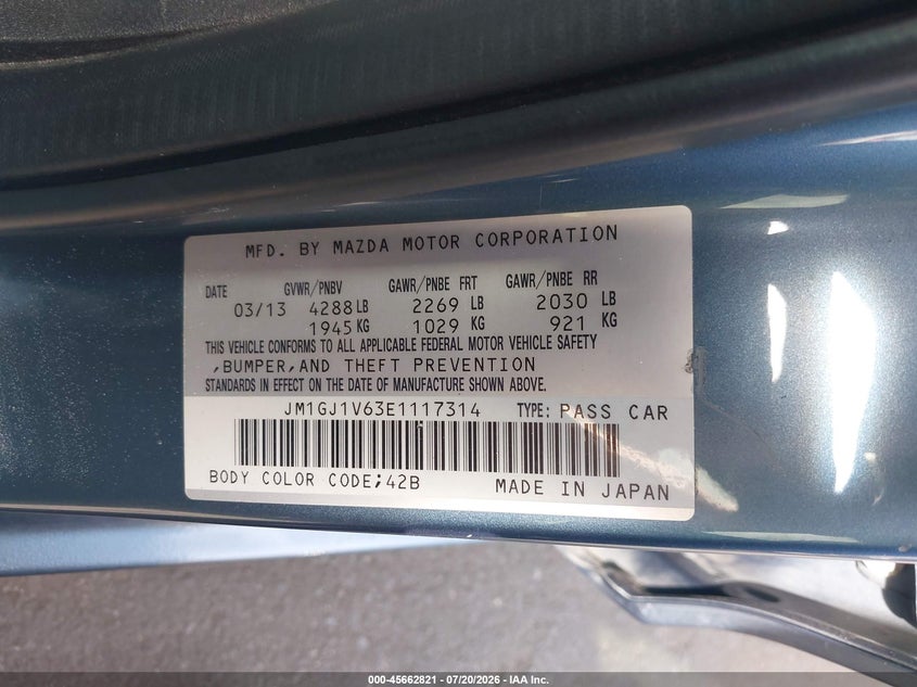 2014 Mazda 6 VIN JM1GJ1V63E1117314 IAAI salvage auction — FRONT END, Salvage Certificate (California), sold $1,950 on 2026-07-31 (photo 9)