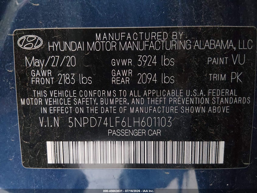 2020 Hyundai Elantra VIN 5NPD74LF6LH601103 IAAI salvage auction — FRONT END, Sf97 (California), sold $10,100 on 2026-07-30 (photo 9)