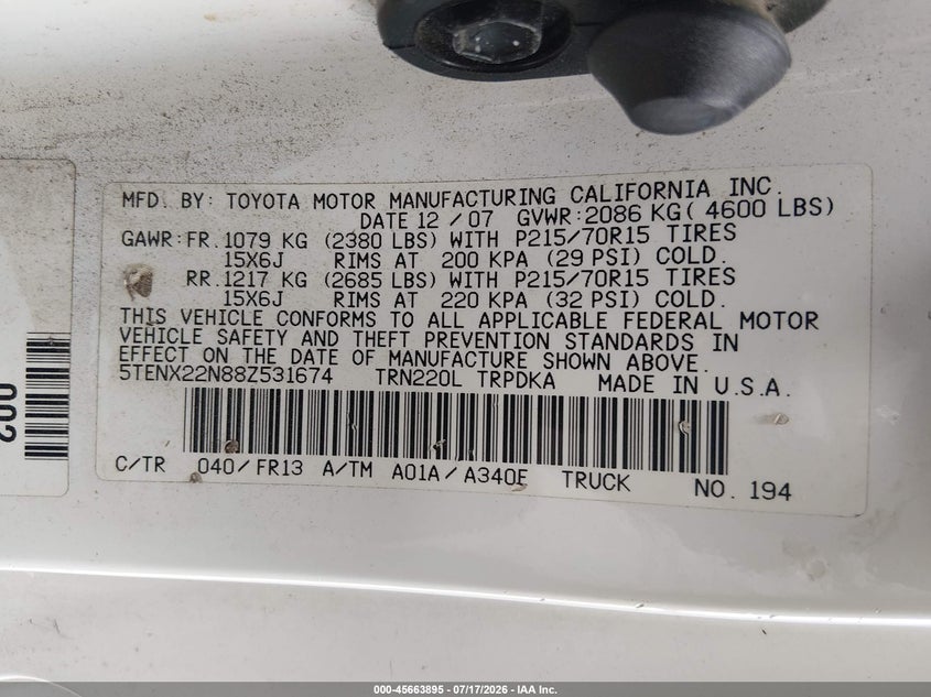 2008 Toyota Tacoma VIN 5TENX22N88Z531674 IAAI salvage auction — NORMAL WEAR, Clear - Dealer Only (California), sold $2,750 on 2026-07-27 (photo 9)
