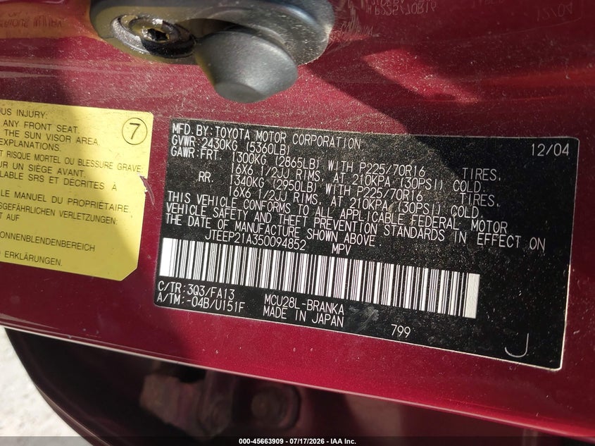2005 Toyota Highlander VIN JTEEP21A350094852 IAAI salvage auction — NORMAL WEAR, Clear (New York), sold $925 on 2026-07-29 (photo 9)