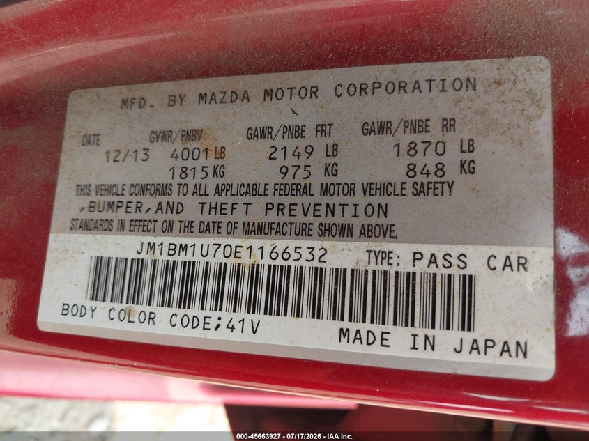 2014 Mazda 3 VIN JM1BM1U70E1166532 IAAI salvage auction — NORMAL WEAR, Clear (Pennsylvania), sold $25 on 2026-07-24 (photo 9)