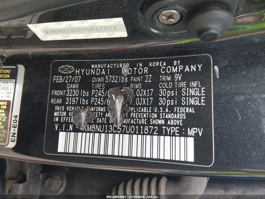2007 Hyundai Veracruz VIN KM8NU13C57U011872 IAAI salvage auction — SIDE, Bill Of Sale (Washington), sold $750 on 2026-08-01 (photo 9)