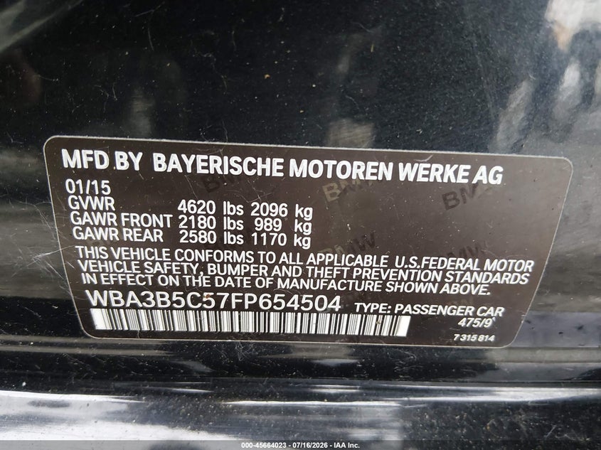 2015 BMW 3er VIN WBA3B5C57FP654504 IAAI salvage auction — RIGHT FRONT, Clear (Oregon), sold $1,950 on 2026-07-22 (photo 9)