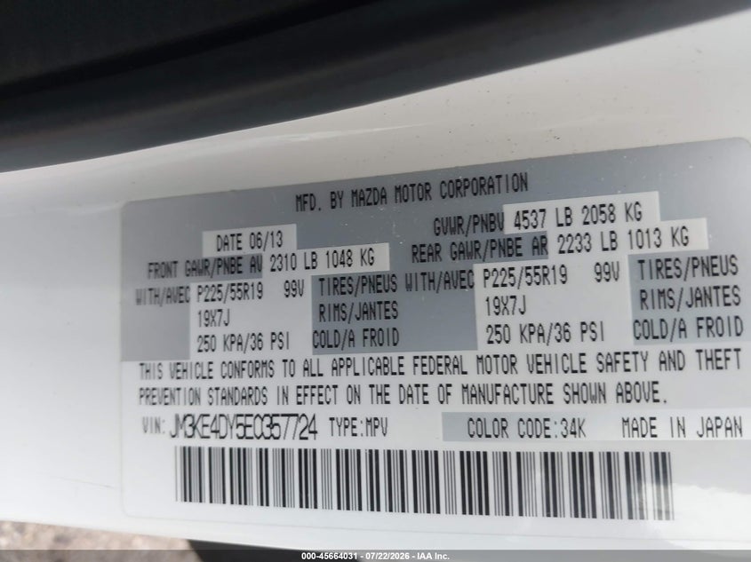 2014 Mazda Cx-5 VIN JM3KE4DY5E0357724 IAAI salvage auction — RIGHT FRONT, Clear (Massachusetts), sold $1,350 on 2026-07-31 (photo 9)