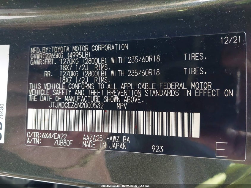 2022 Lexus Nx VIN JTJADCEZ6N2000532 IAAI salvage auction — FRONT END, Salvage (Massachusetts), sold $9,500 on 2026-08-29 (photo 9)