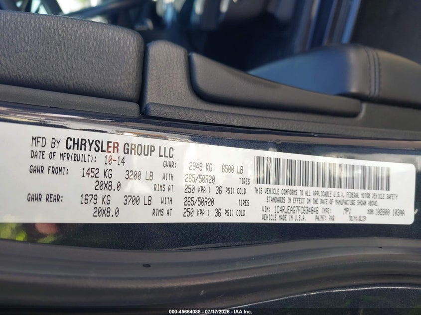 2015 Jeep Grand cherokee VIN 1C4RJEAG7FC634846 IAAI salvage auction — RIGHT FRONT, Wait Title, sold $1,850 on 2026-07-31 (photo 9)