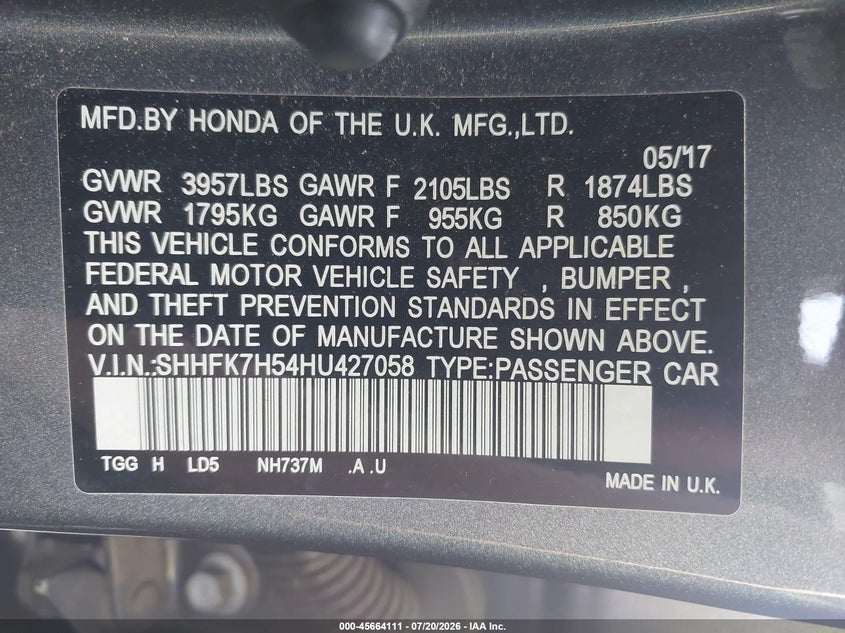 2017 Honda Civic VIN SHHFK7H54HU427058 IAAI salvage auction — LEFT FRONT, Salvage Title, sold $5,500 on 2026-08-21 (photo 9)