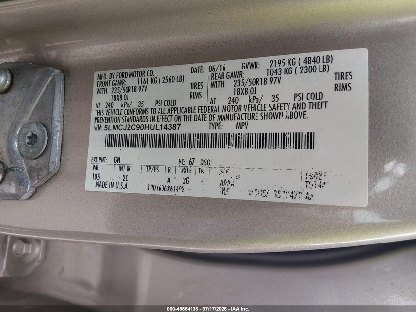 2017 Lincoln Mkc VIN 5LMCJ2C90HUL14387 IAAI salvage auction — NORMAL WEAR, Original (Texas), sold $1,050 on 2026-07-24 (photo 9)