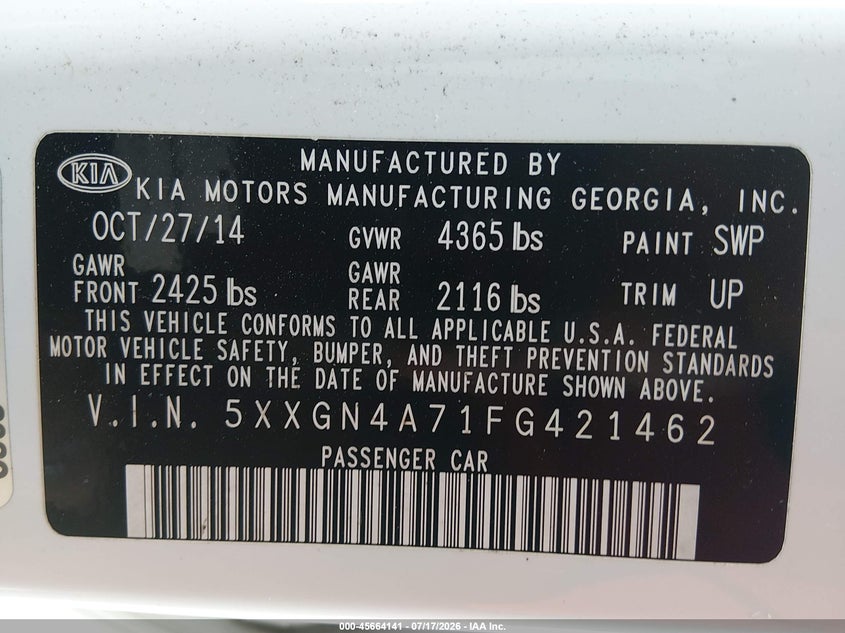 2015 Kia Optima VIN 5XXGN4A71FG421462 IAAI salvage auction — NORMAL WEAR, Clear (Missouri), sold $75 on 2026-07-28 (photo 9)