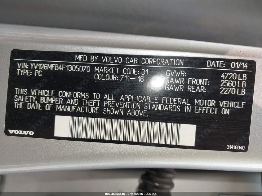 2015 Volvo S60 VIN YV126MFB4F1305070 IAAI salvage auction — FRONT END, Salvage Title, sold $1,500 on 2026-08-15 (photo 9)