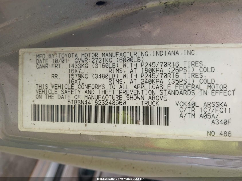 2002 Toyota Tundra VIN 5TBBN44182S248560 IAAI salvage auction — NORMAL WEAR, Clear (Maryland), sold $450 on 2026-07-30 (photo 9)