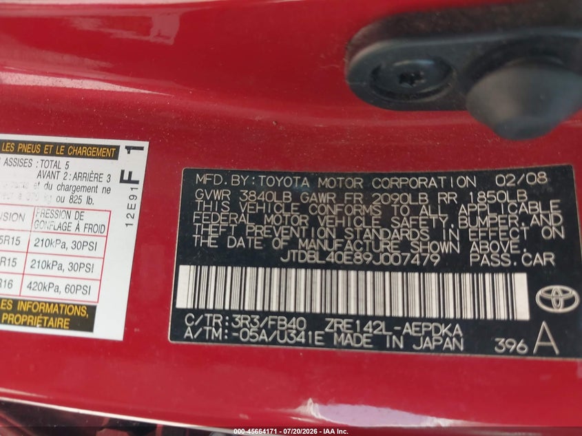 2009 Toyota Corolla VIN JTDBL40E89J007479 IAAI salvage auction — REAR END, Salvage (Texas), sold $2,450 on 2026-08-02 (photo 9)