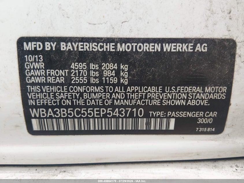 2014 BMW 3er VIN WBA3B5C55EP543710 IAAI salvage auction — RIGHT FRONT, Salvage (Idaho), sold $950 on 2026-08-11 (photo 9)
