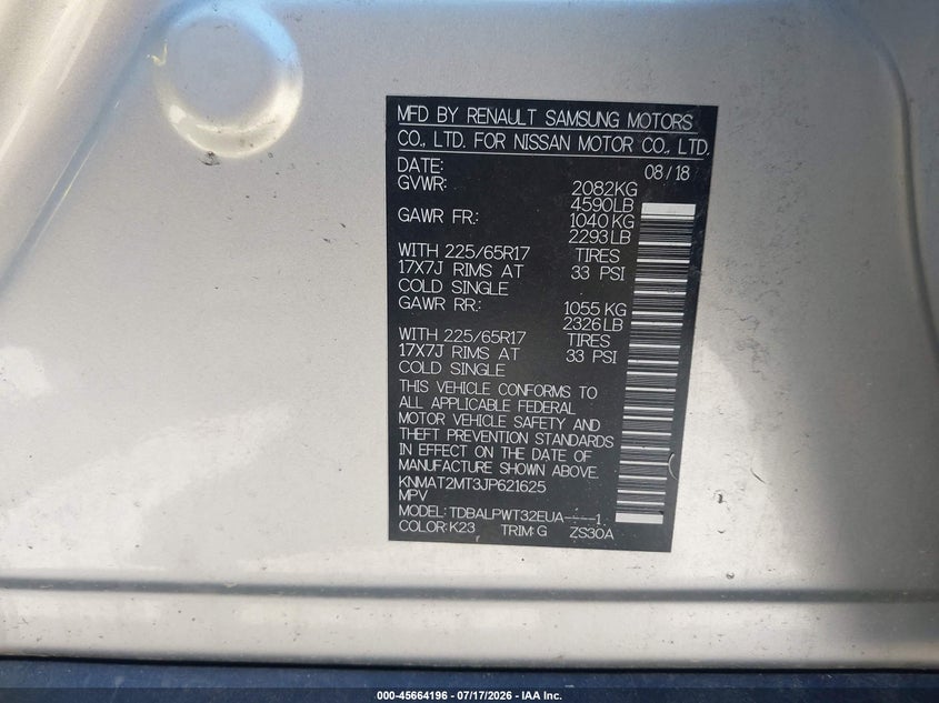 2018 Nissan Rogue sport VIN KNMAT2MT3JP621625 IAAI salvage auction — NORMAL WEAR, Clear (Mississippi), sold $375 on 2026-07-28 (photo 9)