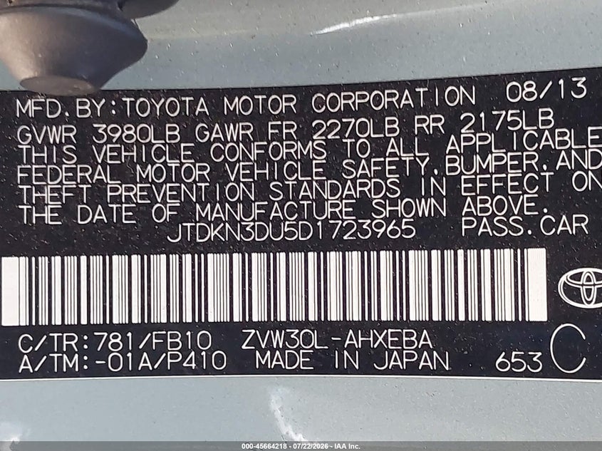 2013 Toyota Prius VIN JTDKN3DU5D1723965 IAAI salvage auction — NORMAL WEAR, Clear - Dealer Only (California), sold $925 on 2026-07-28 (photo 9)