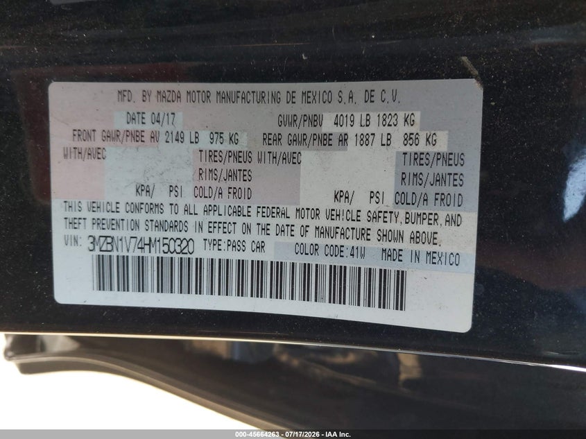 2017 Mazda 3 VIN 3MZBN1V74HM150320 IAAI salvage auction — FRONT & REAR, Salvage Title, sold $2,950 on 2026-08-01 (photo 9)