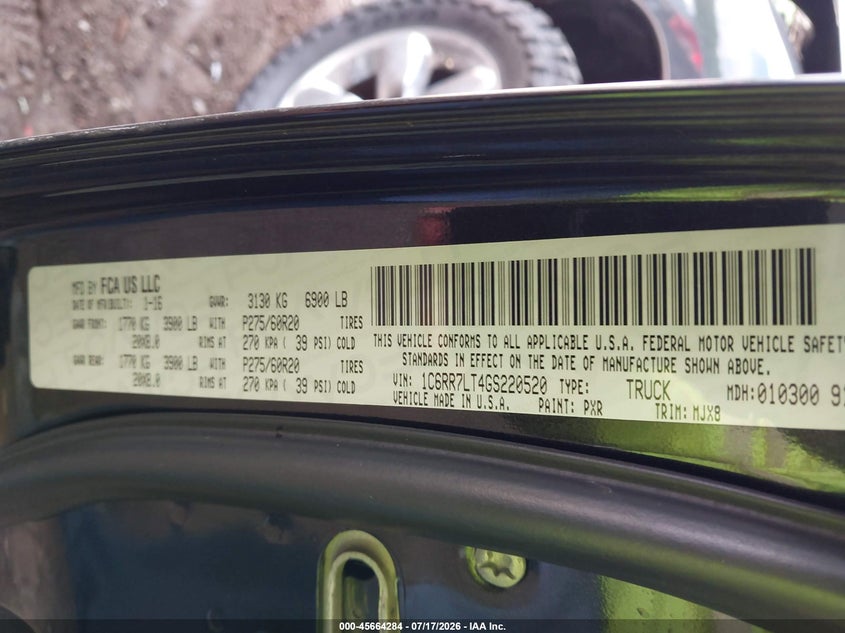 2016 Ram 1500 VIN 1C6RR7LT4GS220520 IAAI salvage auction — FRONT END, Salvage Title, sold $5,300 on 2026-08-28 (photo 9)
