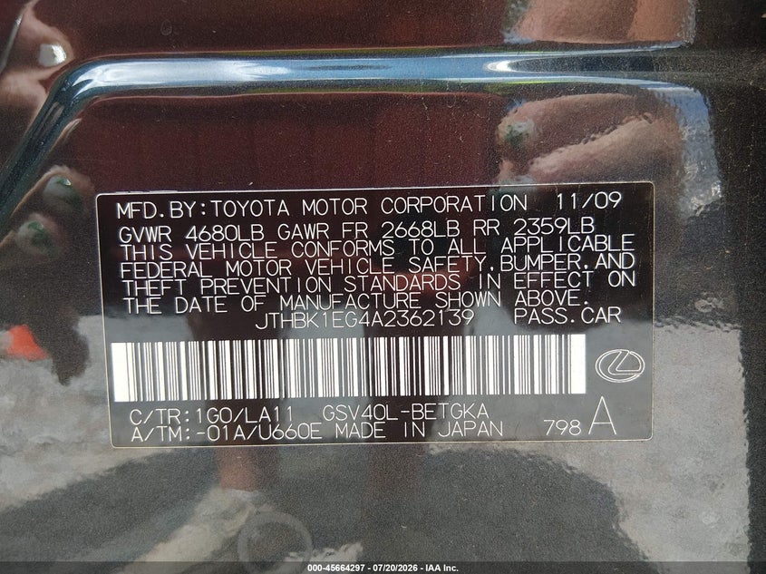 2010 Lexus Es 350 VIN JTHBK1EG4A2362139 IAAI salvage auction — RIGHT FRONT, Salvage (Alabama), sold $1,650 on 2026-08-31 (photo 9)