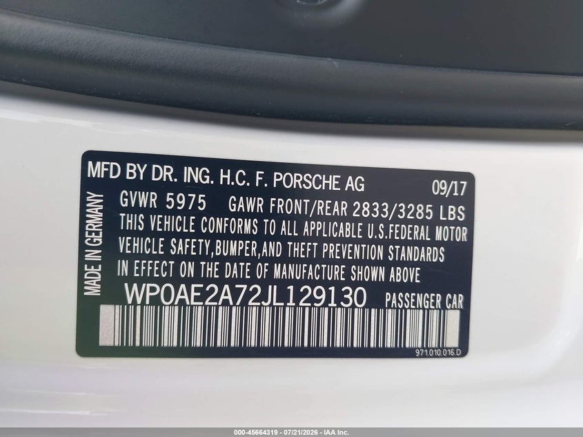 2018 Porsche Panamera VIN WP0AE2A72JL129130 IAAI salvage auction — WATER/FLOOD, Salvage Title, sold $18,200 on 2026-08-18 (photo 9)