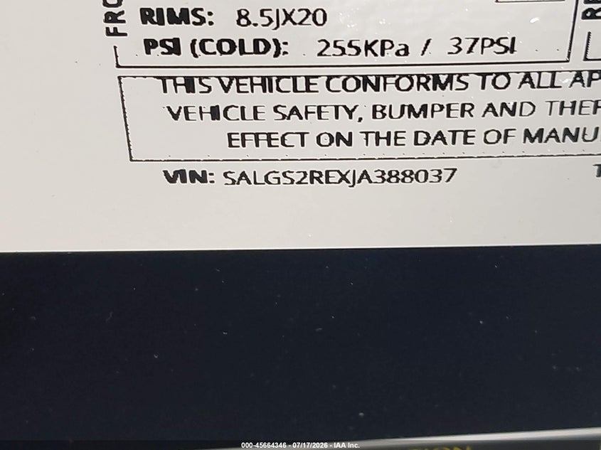 2018 Land rover RANGE ROVER VIN SALGS2REXJA388037 IAAI salvage auction — UNKNOWN, Salvage Title, sold $8,800 on 2026-07-28 (photo 9)