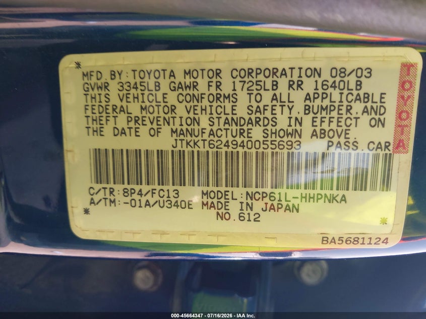 2004 Scion Xa VIN JTKKT624940055693 IAAI salvage auction — NORMAL WEAR, Clear (Maryland), sold $475 on 2026-07-30 (photo 9)