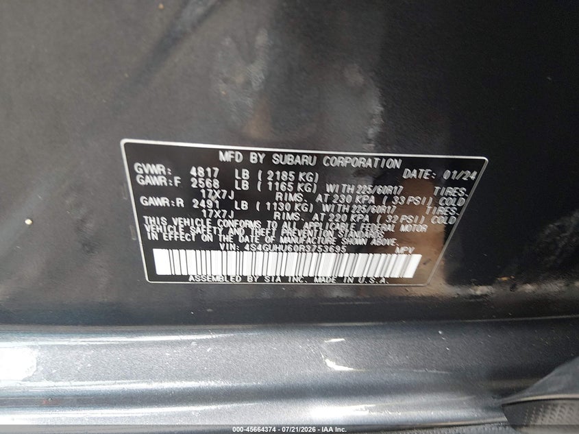 2024 Subaru Xv VIN 4S4GUHU60R3753695 IAAI salvage auction — REAR END, Salvage (West Virginia), sold $7,400 on 2026-08-26 (photo 9)