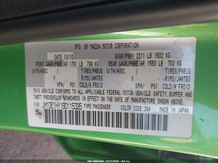 2011 Mazda 2 VIN JM1DE1HY1B0115325 IAAI salvage auction — NORMAL WEAR, Clear (Illinois), sold $100 on 2026-07-28 (photo 9)