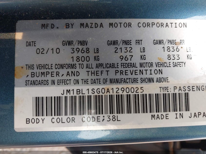 2010 Mazda 3 VIN JM1BL1SG0A1290025 IAAI salvage auction — NORMAL WEAR, Clear (Pennsylvania), sold $275 on 2026-07-29 (photo 9)