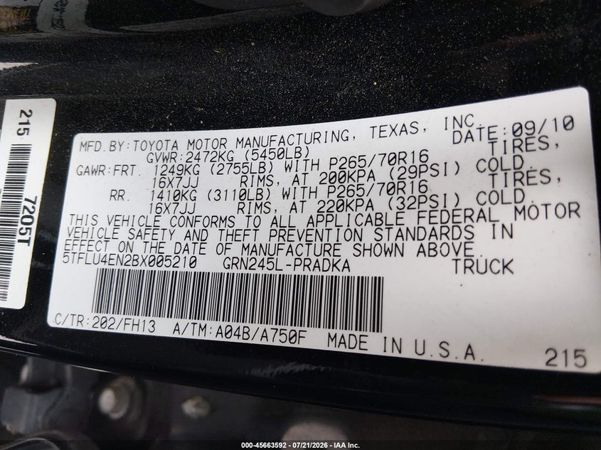 2011 Toyota Tacoma VIN 5TFLU4EN2BX005210 IAAI salvage auction — LEFT FRONT, Salvage (North Carolina), sold $5,300 on 2026-08-02 (photo 9)