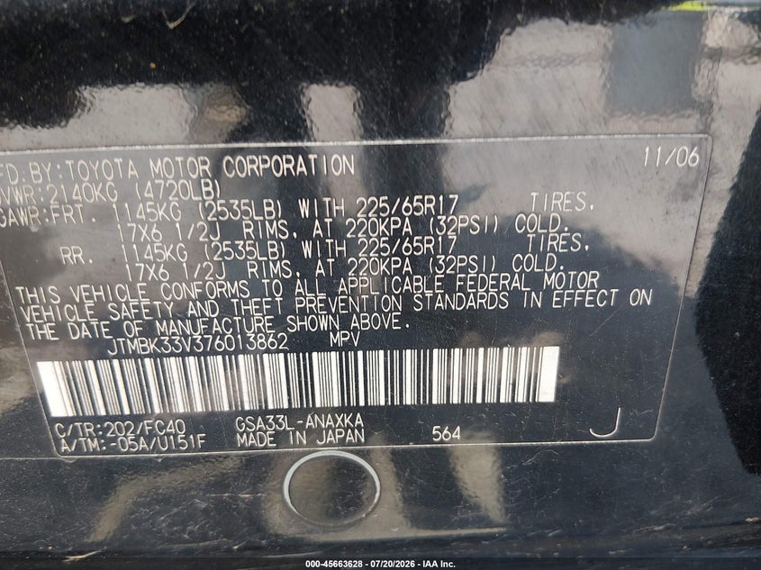 2007 Toyota Rav4 VIN JTMBK33V376013862 IAAI salvage auction — NORMAL WEAR, Clear (Pennsylvania), sold $325 on 2026-07-29 (photo 9)