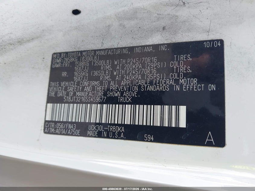 2005 Toyota Tundra VIN 5TBJT32165S459677 IAAI salvage auction — NORMAL WEAR, Clear - Dealer Only (California), sold $4,550 on 2026-07-29 (photo 9)