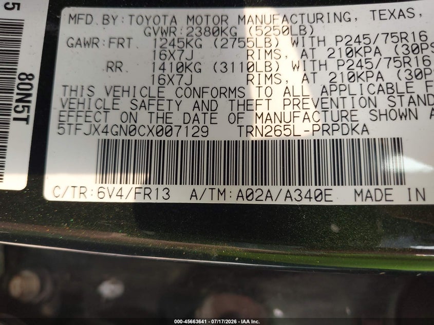 2012 Toyota Tacoma VIN 5TFJX4GN0CX007129 IAAI salvage auction — FRONT END, Clear (Maryland), sold $4,350 on 2026-07-23 (photo 9)