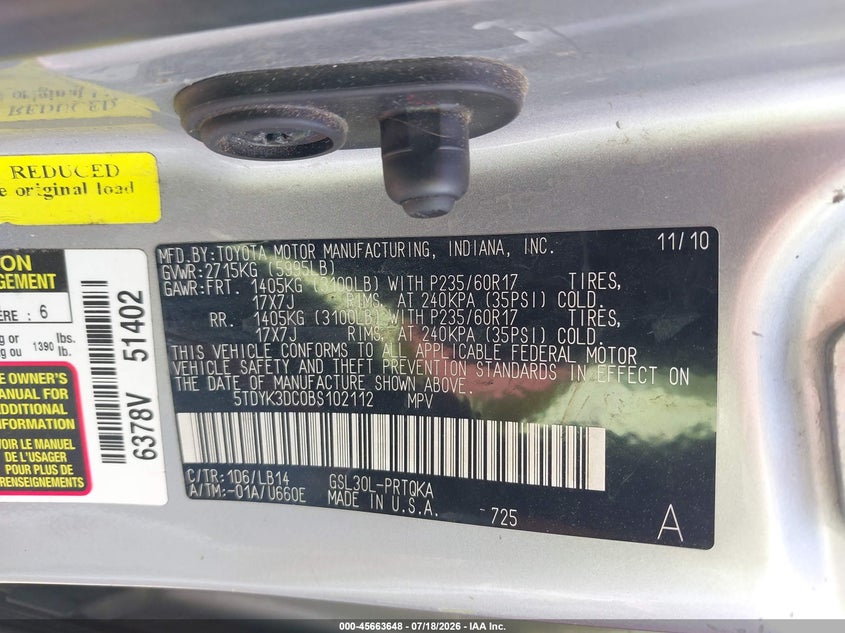 2011 Toyota Sienna VIN 5TDYK3DC0BS102112 IAAI salvage auction — REAR END, Original (Texas), sold $1,400 on 2026-07-29 (photo 9)