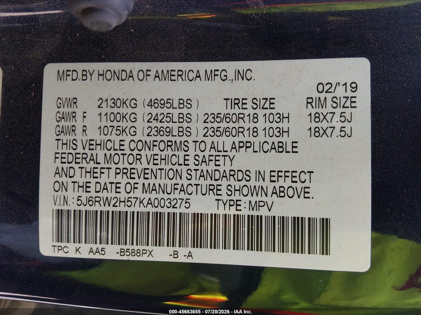 2019 Honda Cr-v VIN 5J6RW2H57KA003275 IAAI salvage auction — FRONT END, Salvage Title, sold $3,500 on 2026-08-07 (photo 9)