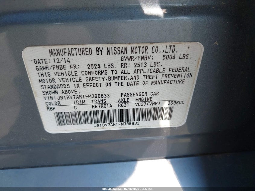 2015 Infiniti Q50 VIN JN1BV7AR1FM396833 IAAI salvage auction — NORMAL WEAR, Clear (Virginia), sold $2,150 on 2026-07-24 (photo 9)