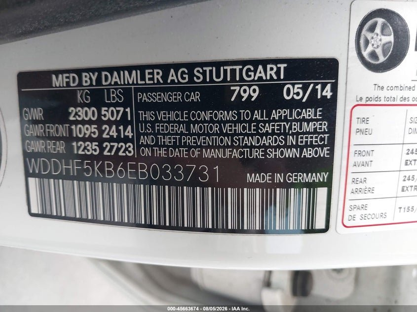 2014 Mercedes-benz E-klasse VIN WDDHF5KB6EB033731 IAAI salvage auction — FRONT END, Salvage Certificate (California), sold $5,100 on 2026-08-08 (photo 9)