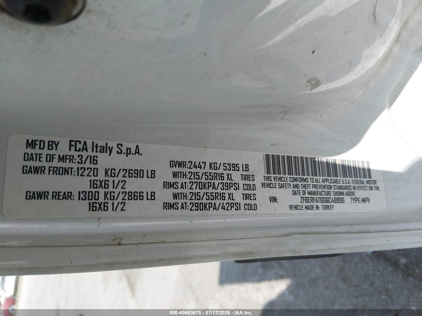 2016 Ram Promaster city VIN ZFBERFAT6G6C49990 IAAI salvage auction — ROOF, Salvage Title, sold $475 on 2026-08-18 (photo 9)