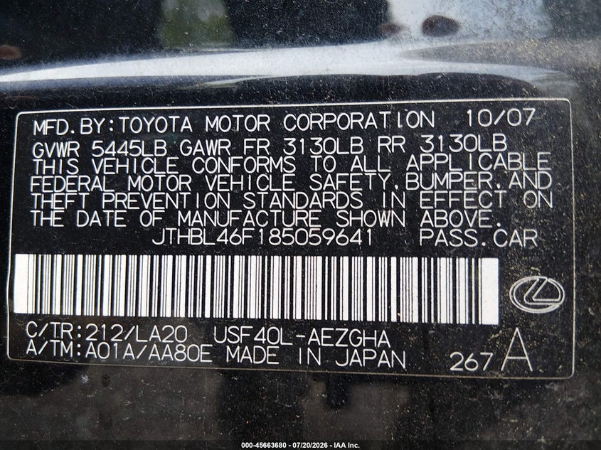 2008 Lexus Ls 460 VIN JTHBL46F185059641 IAAI salvage auction — NORMAL WEAR, Clear (Virginia), sold $300 on 2026-07-28 (photo 9)