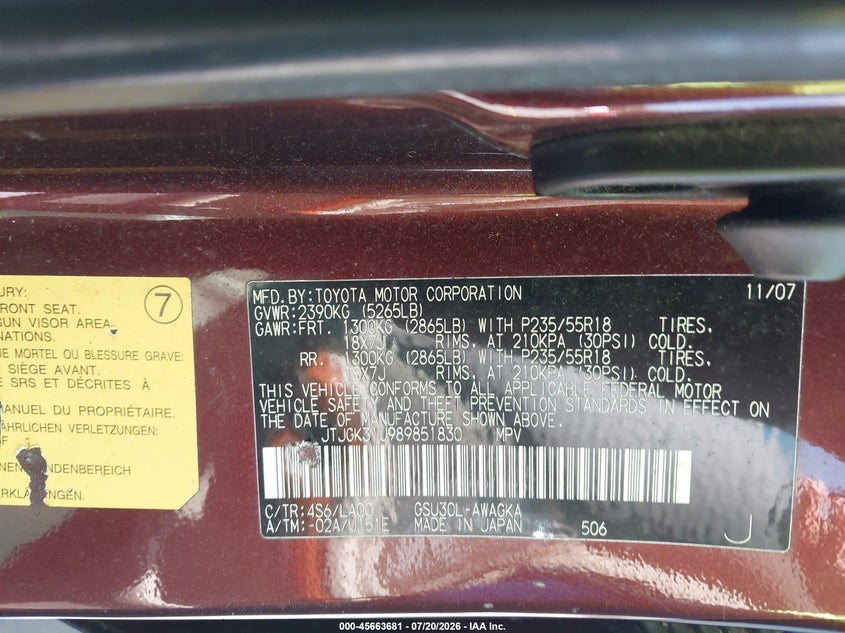 2008 Lexus Rx 350 VIN JTJGK31U989851830 IAAI salvage auction — NORMAL WEAR, Clear (Georgia), sold $25 on 2026-07-29 (photo 9)