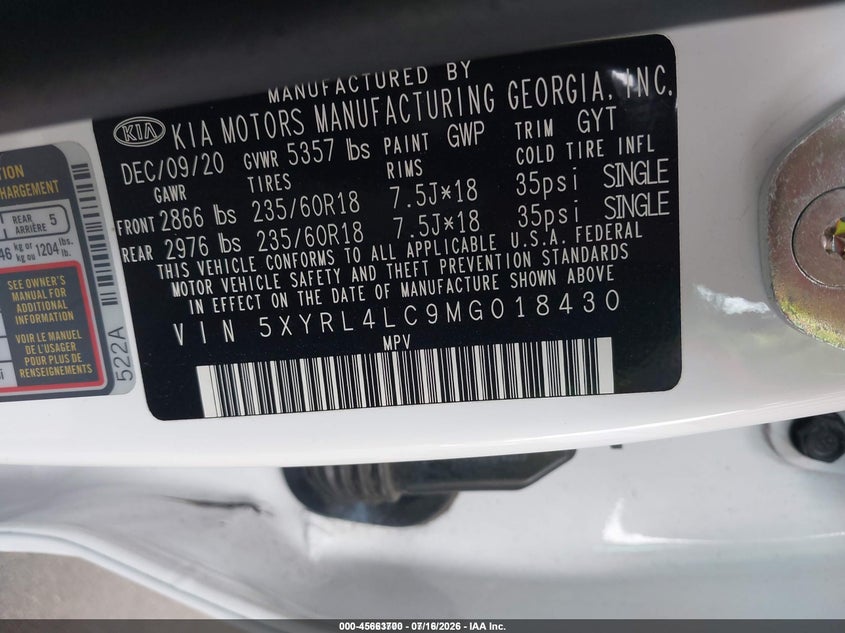 2021 Kia Sorento VIN 5XYRL4LC9MG018430 IAAI salvage auction — SIDE, Certificate Of Destruction (Florida), sold $2,050 on 2026-07-22 (photo 9)