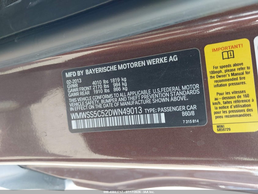 2013 Mini Paceman VIN WMWSS5C52DWN49013 IAAI salvage auction — NORMAL WEAR, Clear - Dealer Only (California), sold $300 on 2026-07-30 (photo 9)