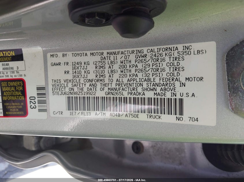 2008 Toyota Tacoma VIN 5TEJU62N98Z519922 IAAI salvage auction — FRONT END, Salvage (California), sold $5,300 on 2026-08-07 (photo 9)