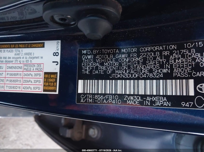 2015 Toyota Prius VIN JTDKN3DU0F0478324 IAAI salvage auction — RIGHT REAR, Salvage (California), sold $2,050 on 2026-07-30 (photo 9)