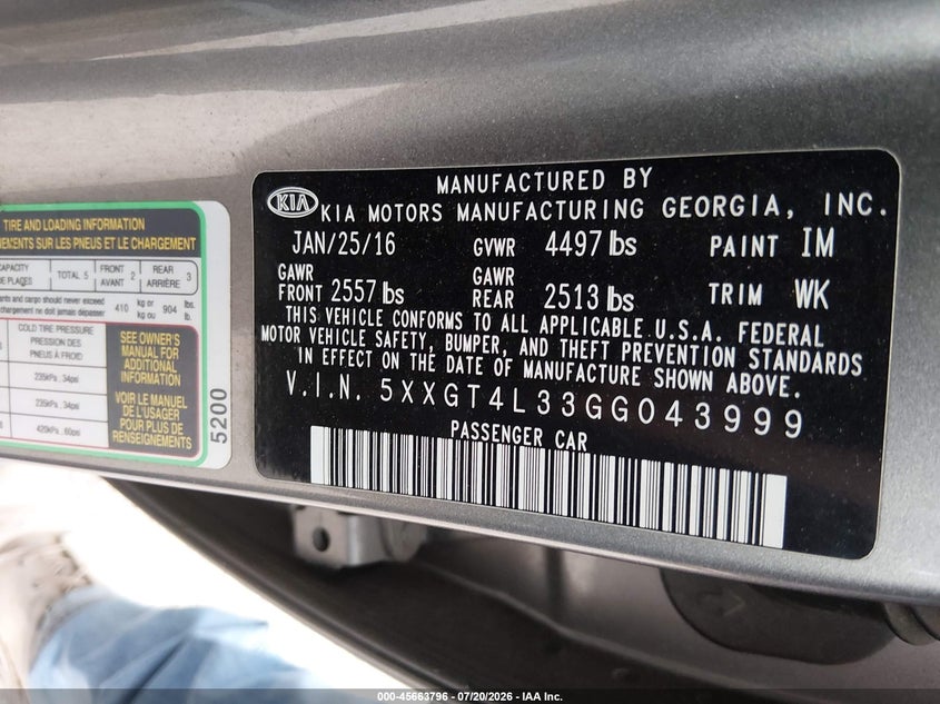 2016 Kia Optima VIN 5XXGT4L33GG043999 IAAI salvage auction — NORMAL WEAR, Clear (Montana), sold $850 on 2026-07-29 (photo 9)